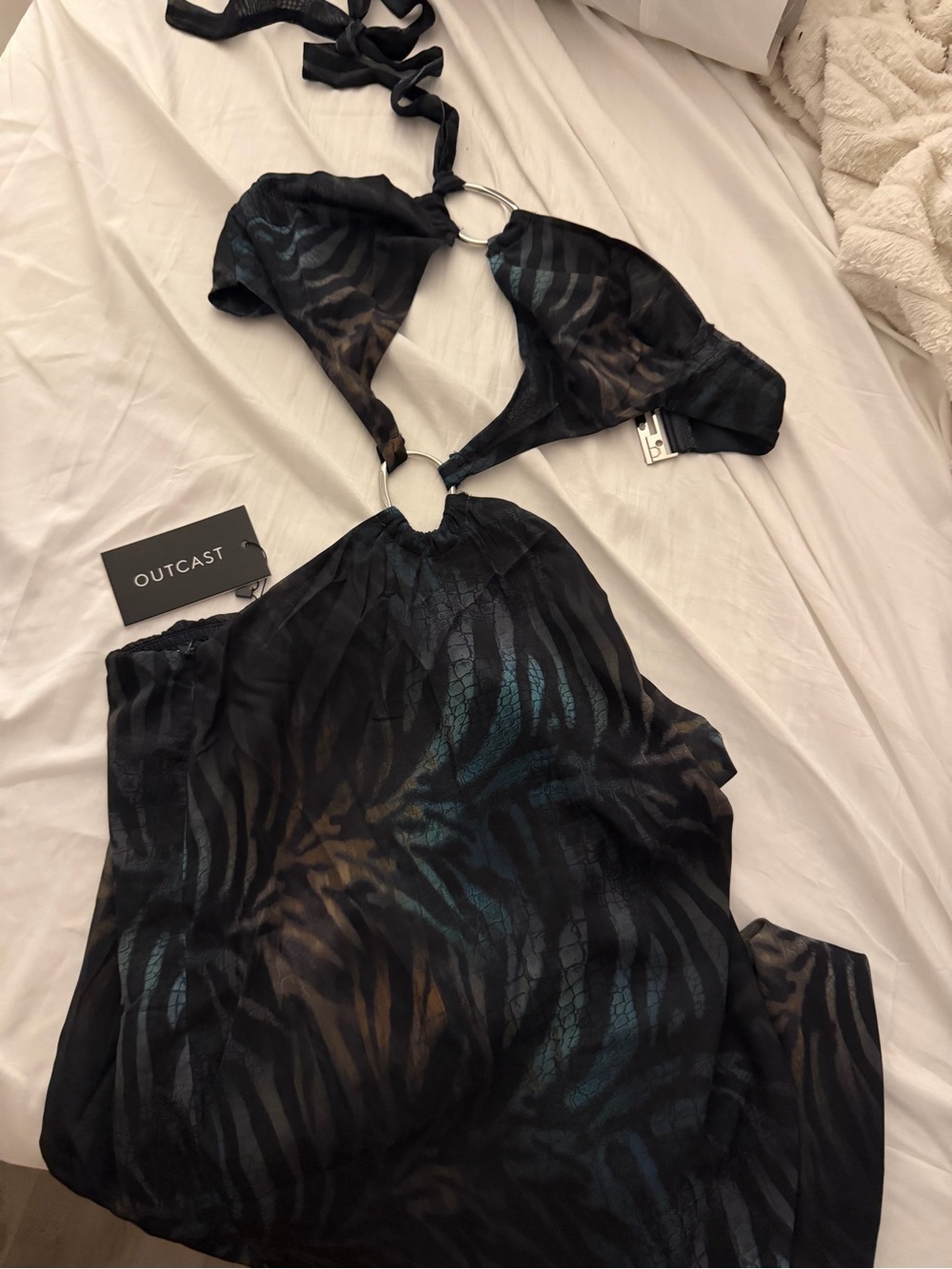 Outcast Black Sheer Halter Camisole Dress with Teal & Brown Animal Print